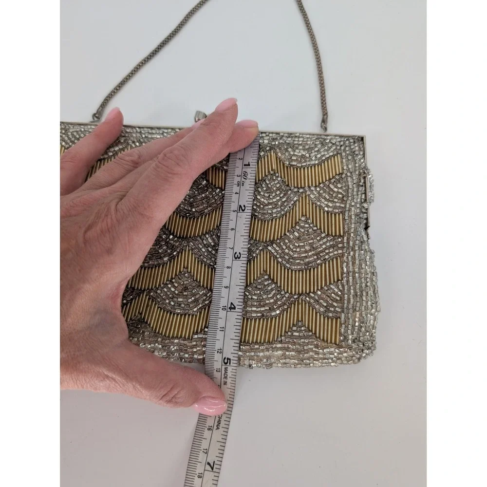 VTG Beaded Evening Bag Small Gold Silver Art Deco Kiss Lock Clutch Formal Glam
